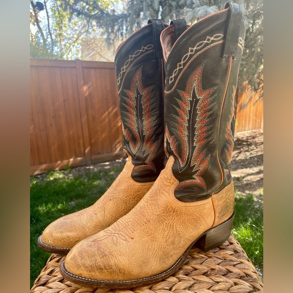 Tony Lama 6184C Two Tone Black Tan Leather Western Cowboy Boots